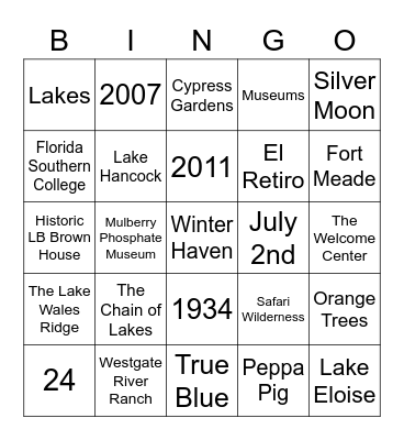 Visit Central Florida Trivia Bingo Card
