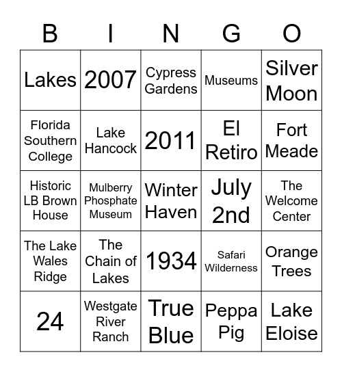 Visit Central Florida Trivia Bingo Card