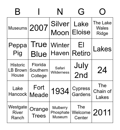 Visit Central Florida Trivia Bingo Card