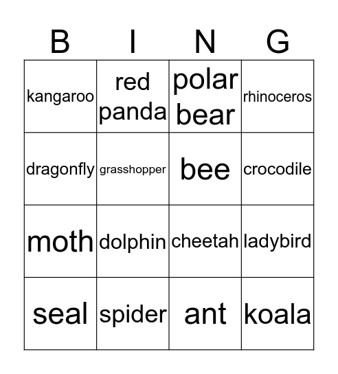 Amazing Wildlife Bingo Card
