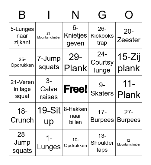 Reboot Bingo Workout Bingo Card