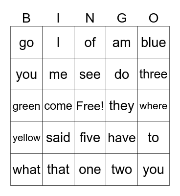 sight words Bingo Card