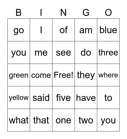 sight words Bingo Card