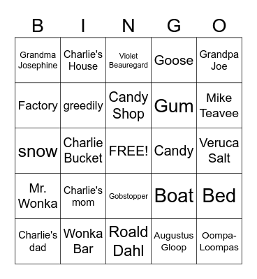 Charlie and the Chocolate Factory Bingo Card
