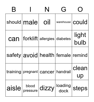 Health and Safety Bingo Card