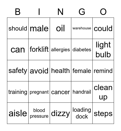 Health and Safety Bingo Card
