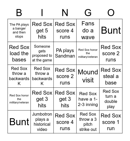 Red Sox Game Bingo Card