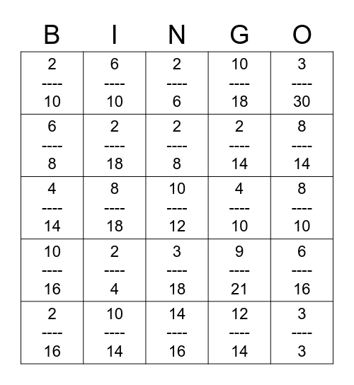 Fraction Bingo! Bingo Card