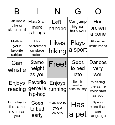 Fitness BINGO Card