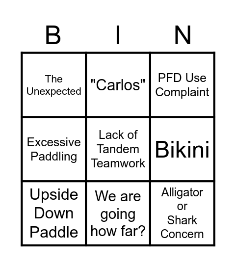 Kayak Bingo Card