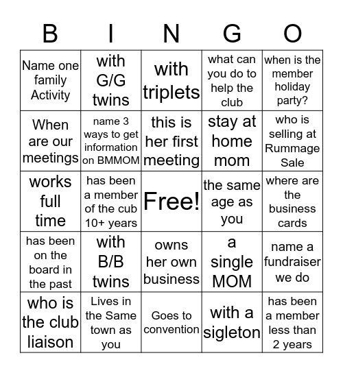 FIND A MOM Bingo Card