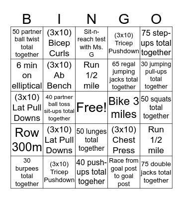 Fitness Room Bingo Card