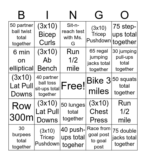 Fitness Room Bingo Card