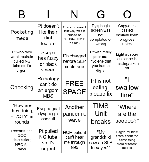 Medical SLP Bingo Card