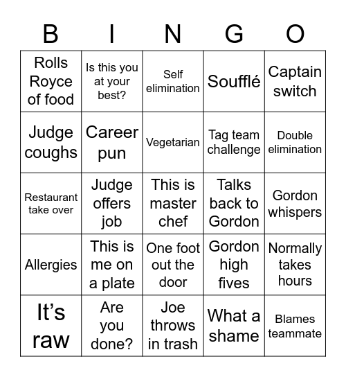 Master Chef Bingo Card