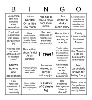 Asian American author Bingo Card