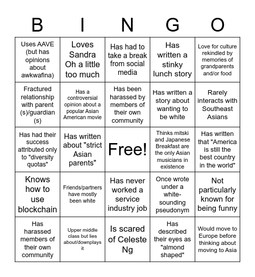 Asian American author Bingo Card