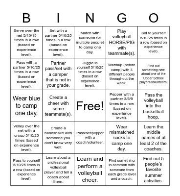 2022 Bush Summer Volleyball Camp Bingo Card