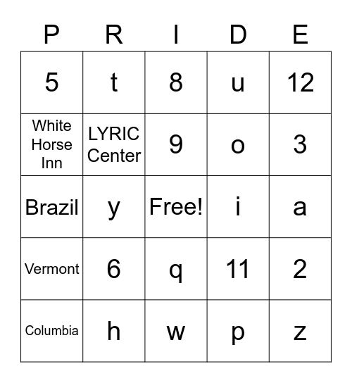 BKF Pride Bingo Card