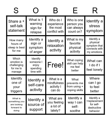 RELAPSE PREVENTION BINGO Card