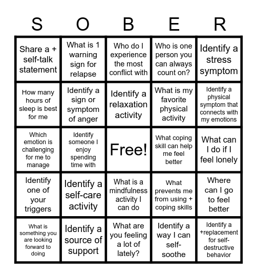 RELAPSE PREVENTION BINGO Card