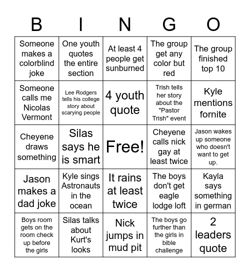 Youth Camp 2022 Bingo Card