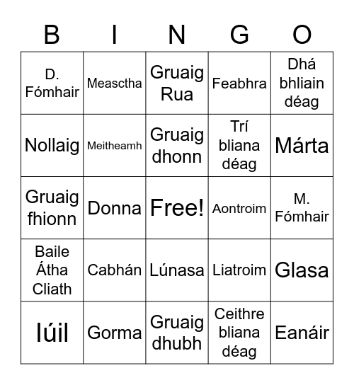 Ag Cur Aithne Bingo Card