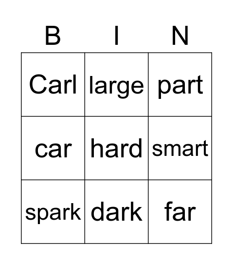 "ar" words Bingo Card