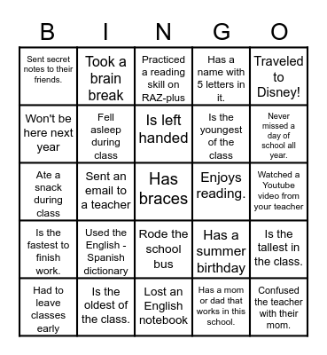 Last Day of School! Bingo Card