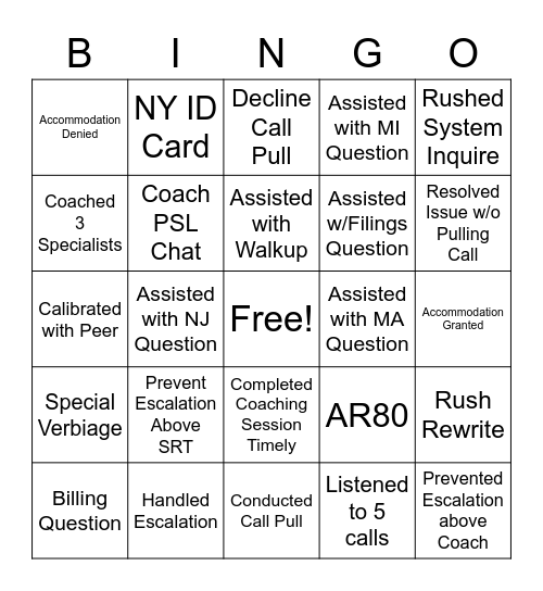 SRT Coach BINGO Card