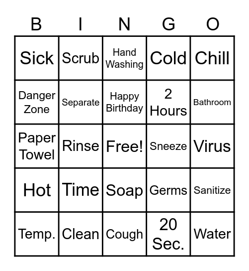 Hand Washing & Food Safety Bingo Card