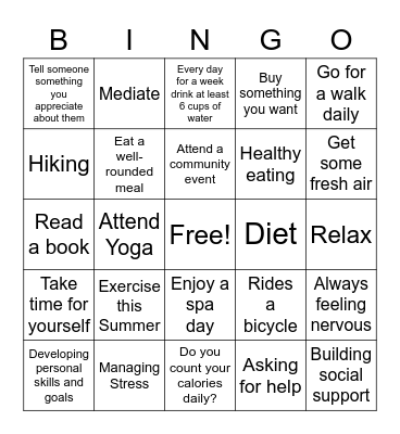 Staff Wellness Bingo Card