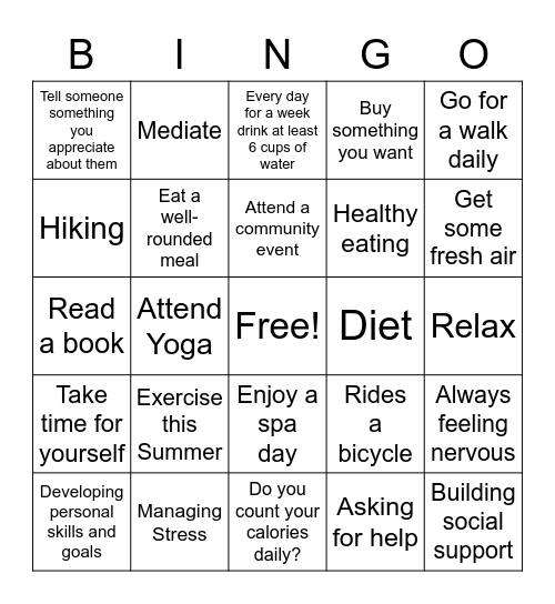 Staff Wellness Bingo Card