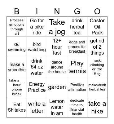Heal Yourself BINGO Card