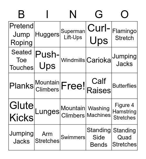 Fitness Warm-Up Bingo Card