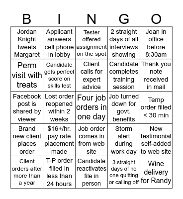 Personnel Partners Bingo Card