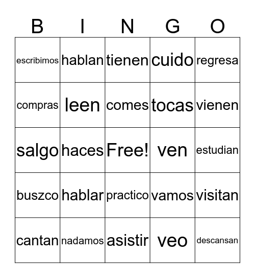 Present Tense Regular Verbs Bingo Card