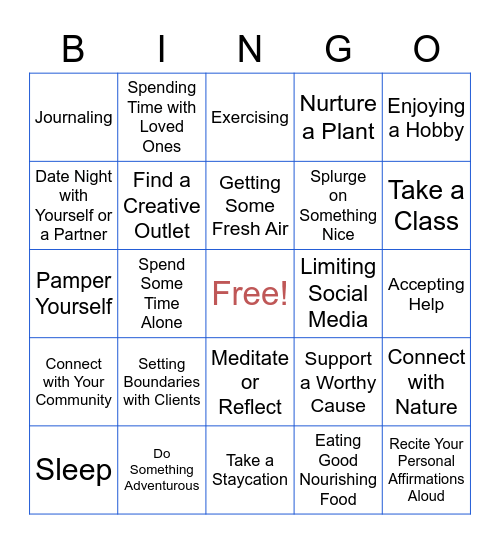 Self Care Bingo! Bingo Card