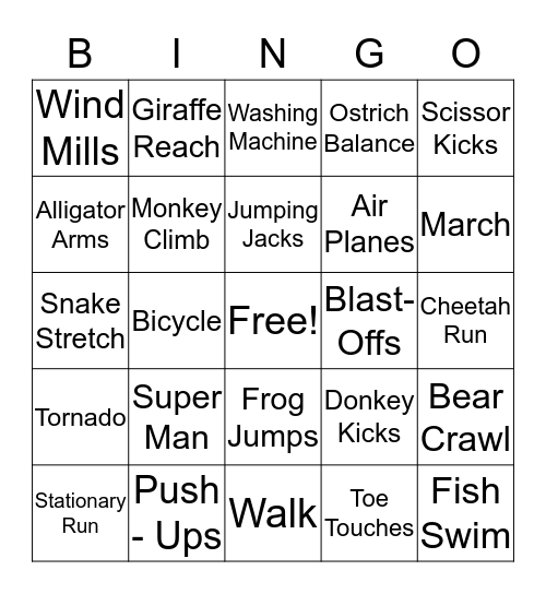 Fitness Bingo Fun Bingo Card