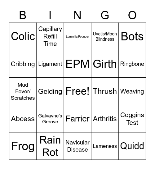 Horse Health Bingo Card