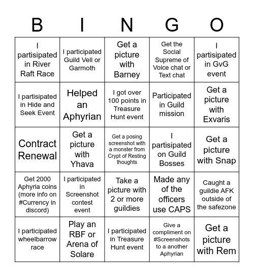 Aphyrian Anniversary Extravaganza Bingo Card