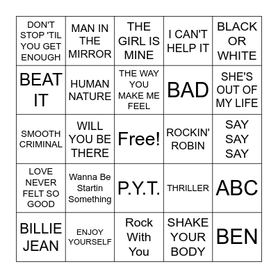 Michael Jackson Bingo Card