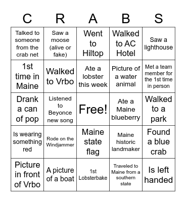 Crab Camp 2022 Bingo Card