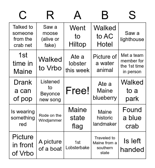 Crab Camp 2022 Bingo Card