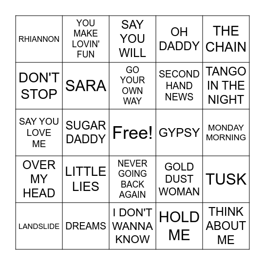Fleetwood Mac Bingo Card