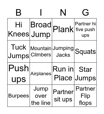 Fitness Bingo Card