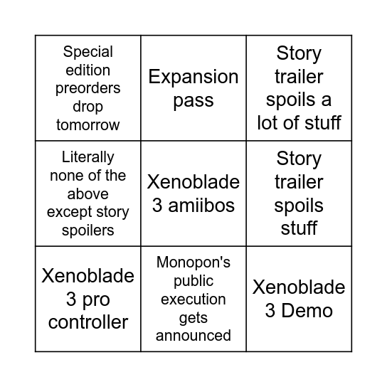 XENOBLADE 3 DIRECT Bingo Card