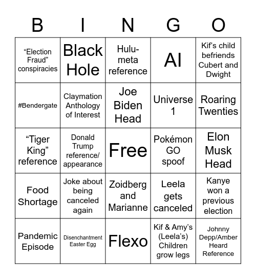 Futurama Reboot Bingo Card