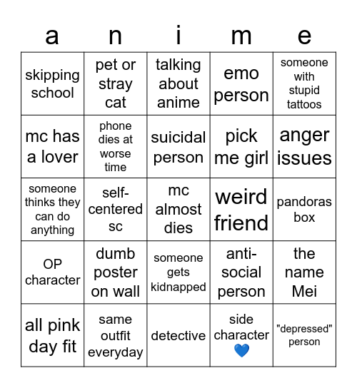 Anime Bingo Card