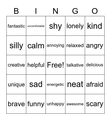 Positive Negative Adjective Bingo Card